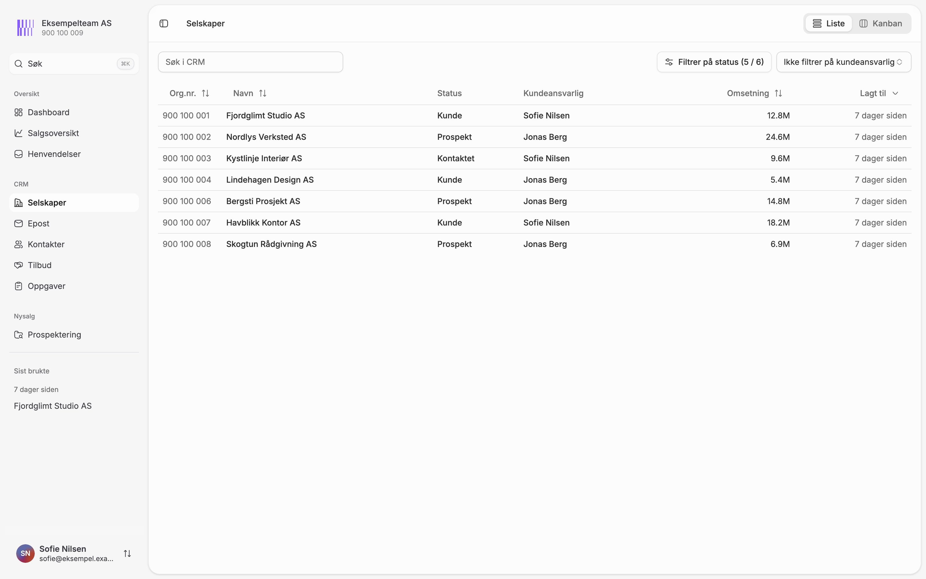 Selskapslisten i Aventra med søk, statusfilter, kundeansvarlig og omsetning.