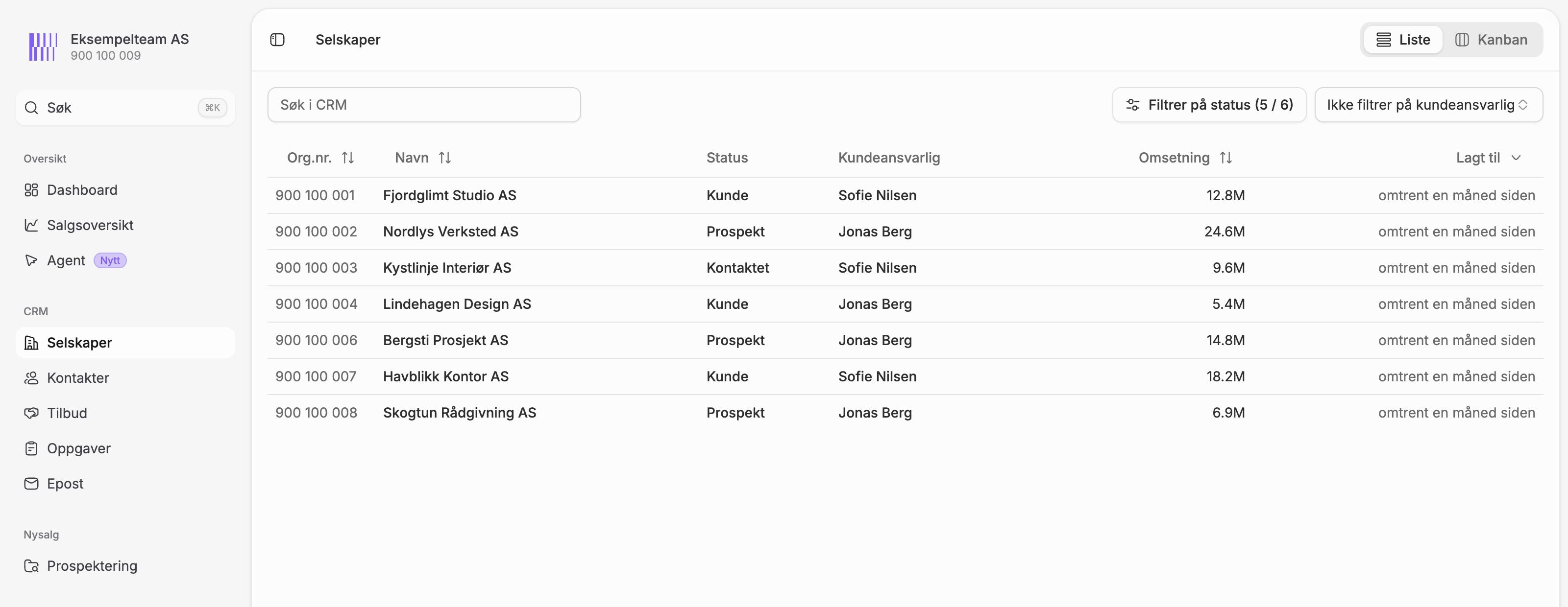 Selskapslisten i Aventra med Søk i CRM, statusfilter og valg av kundeansvarlig.