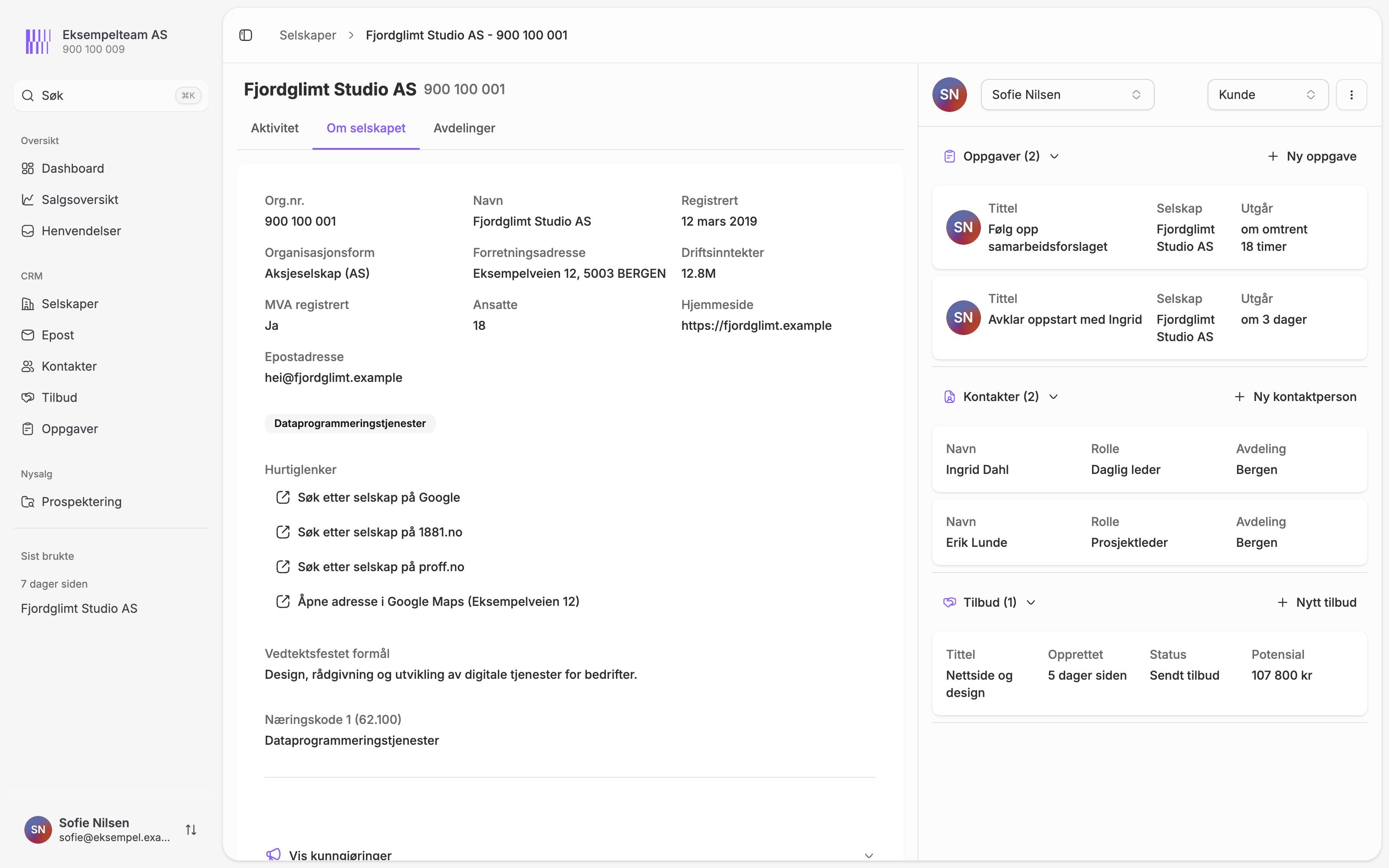 Aventras selskapsopplysninger for Fjordglimt Studio AS, med organisasjonsnummer, adresse, ansatte og næringskode.