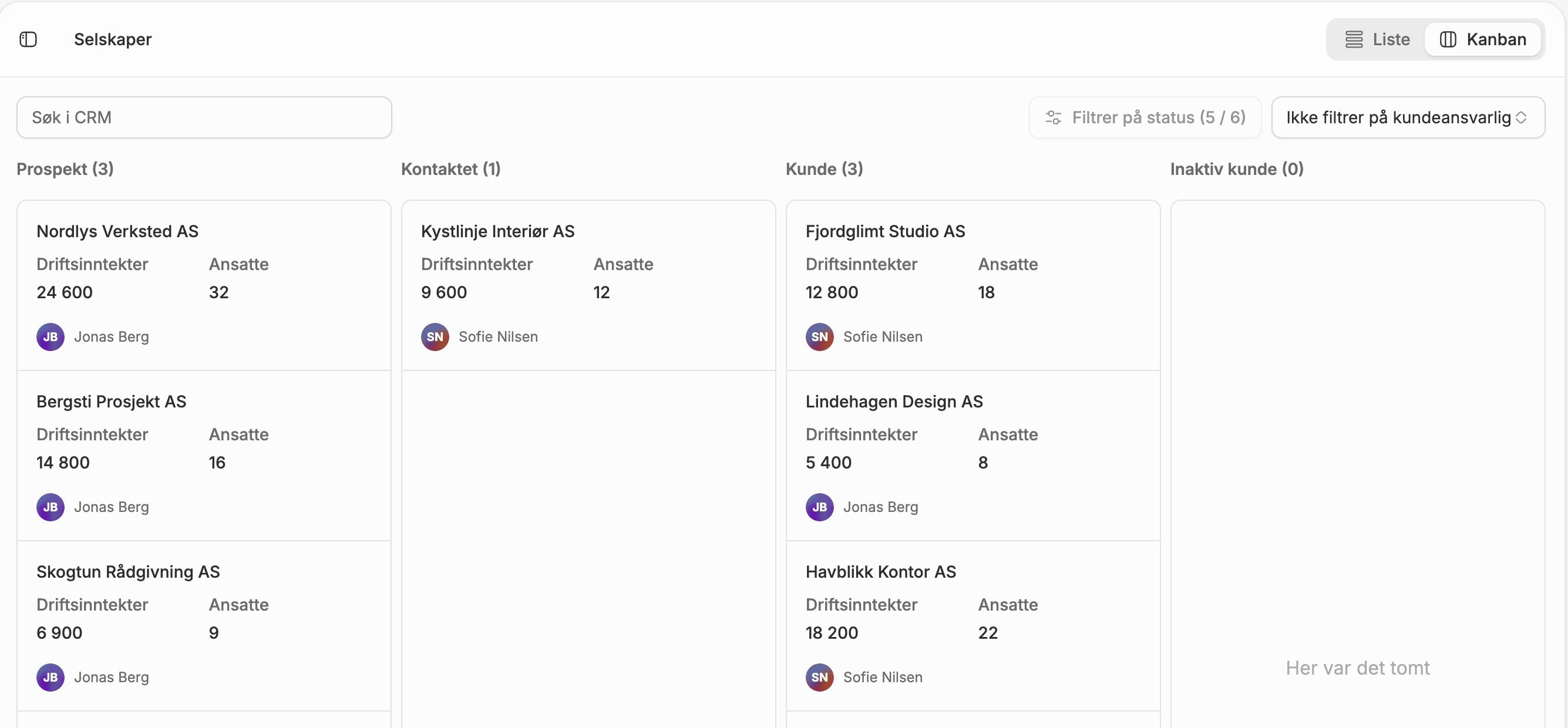 Selskaper i Kanban-visning med valgene Liste og Kanban og kolonner for Prospekt, Kontaktet, Kunde og Inaktiv kunde.