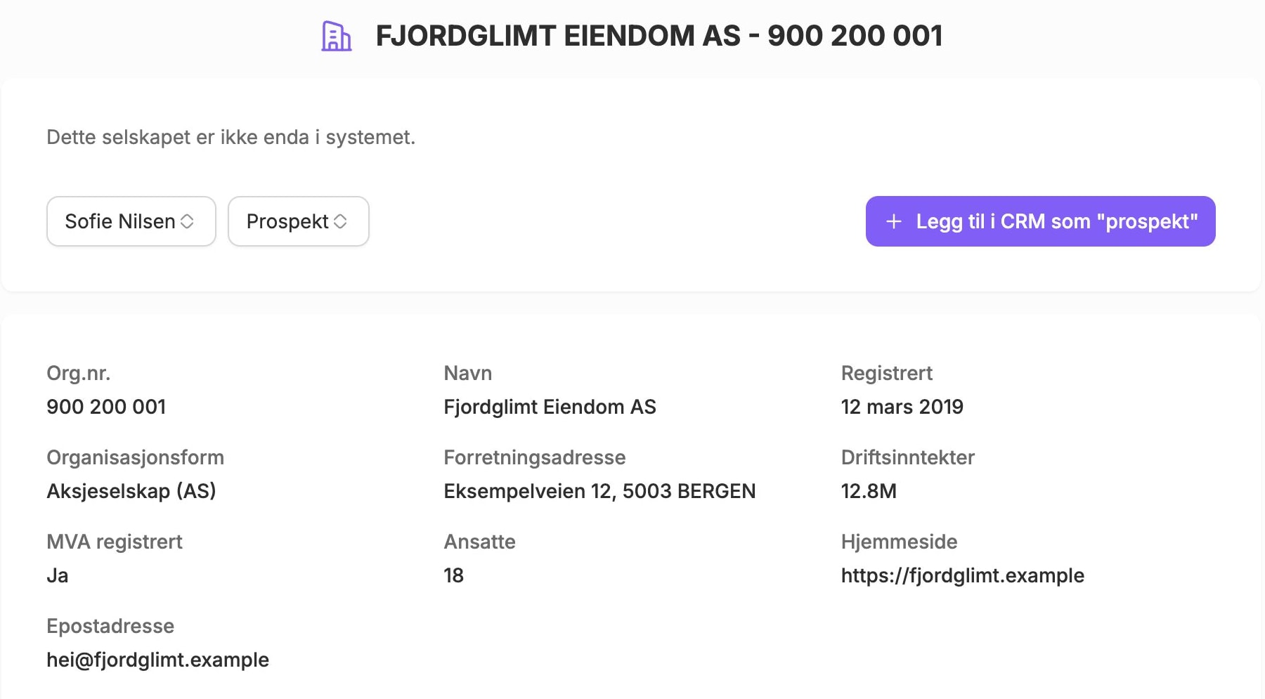En bedrift fra Brønnøysund med kundeansvarlig, status og knappen Legg til i CRM som prospekt.