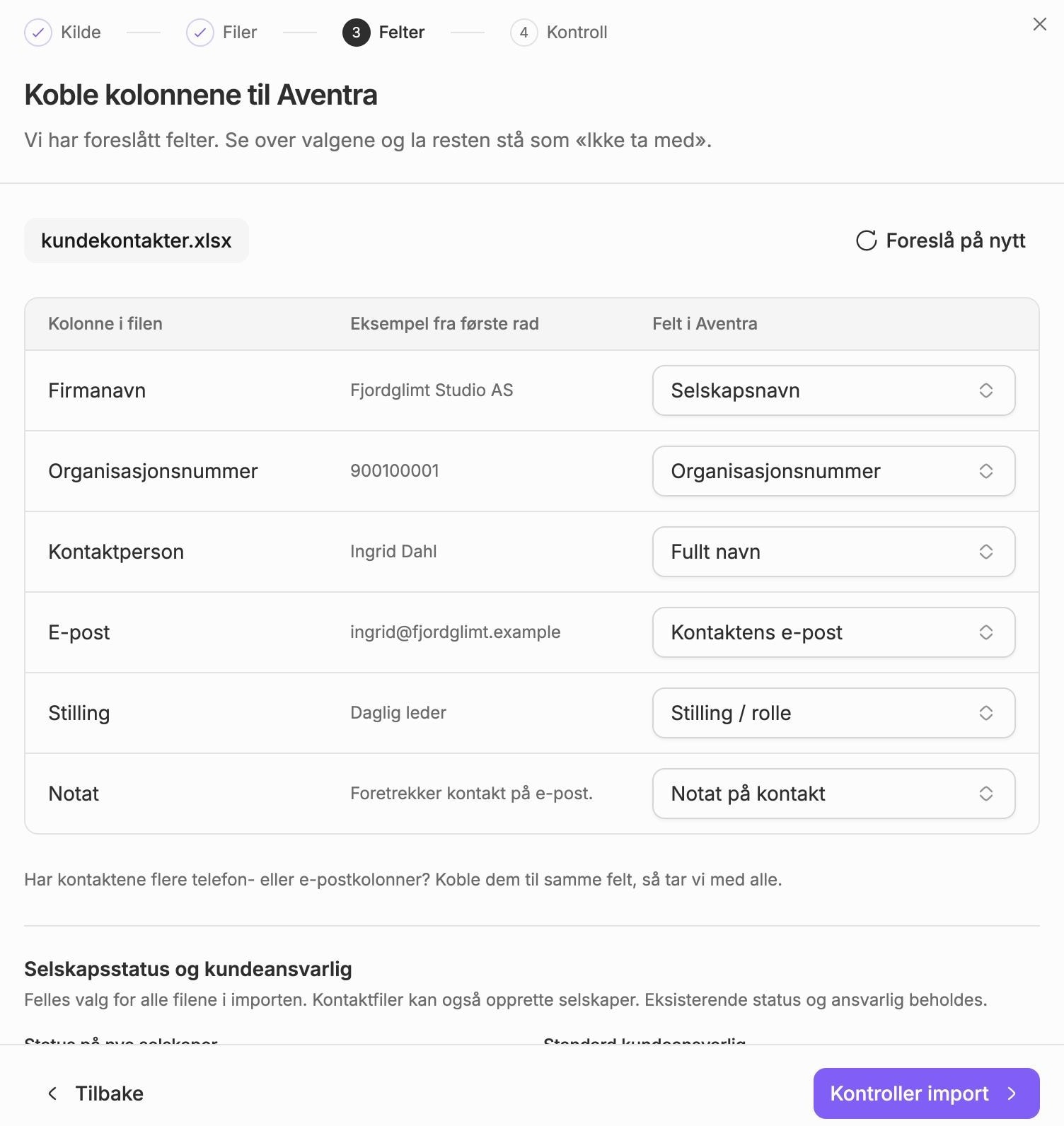 Import i Aventra med kobling av kolonner for firmanavn, organisasjonsnummer, kontaktperson og e-post.