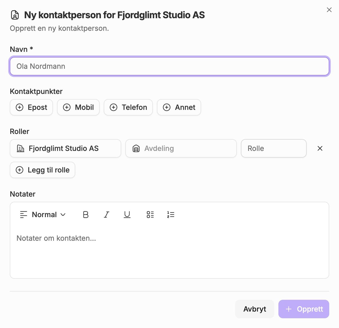 Ny kontaktperson i Aventra med feltene Navn, Kontaktpunkter, Roller og Notater.