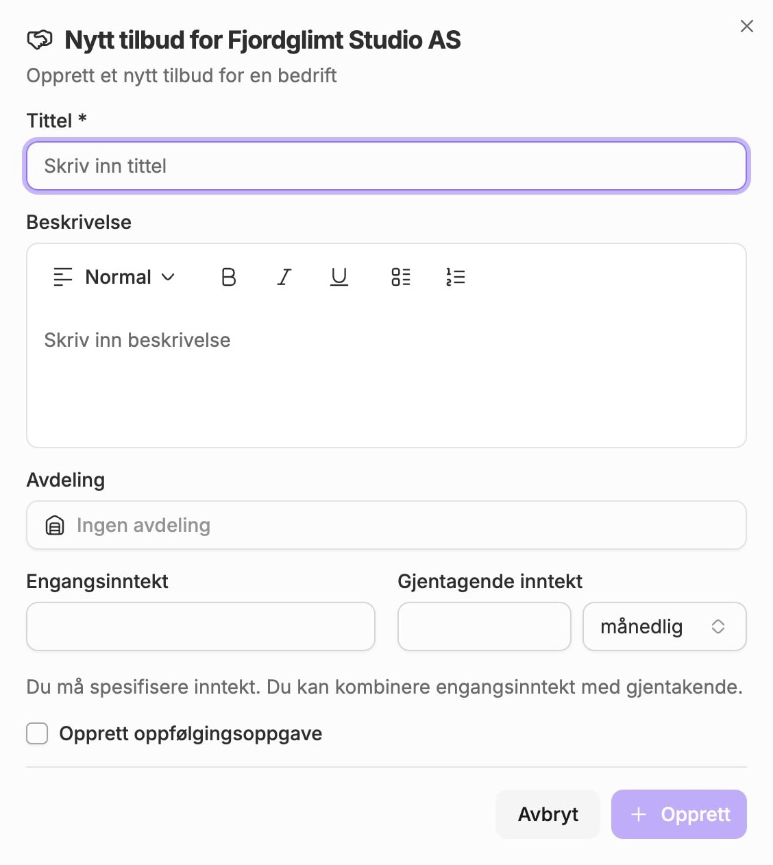 Nytt tilbud i Aventra med Tittel, Beskrivelse, Engangsinntekt og Gjentagende inntekt.