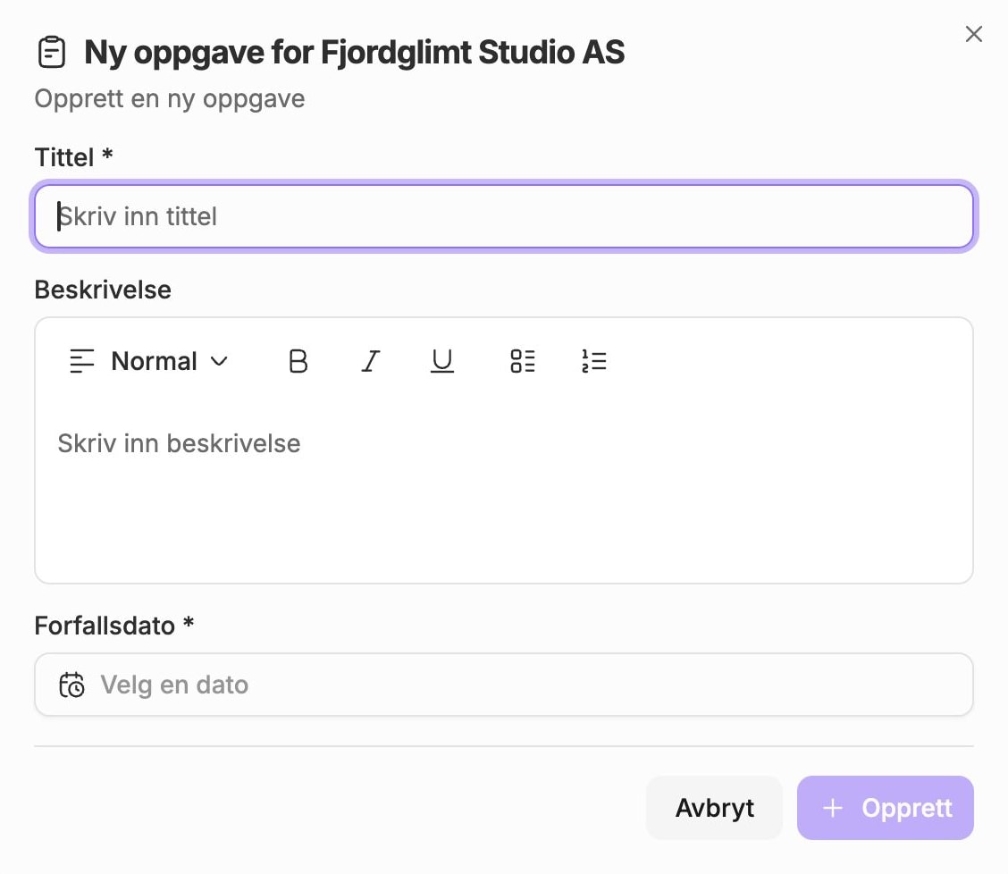 Ny oppgave i Aventra med Tittel, Beskrivelse og Forfallsdato.