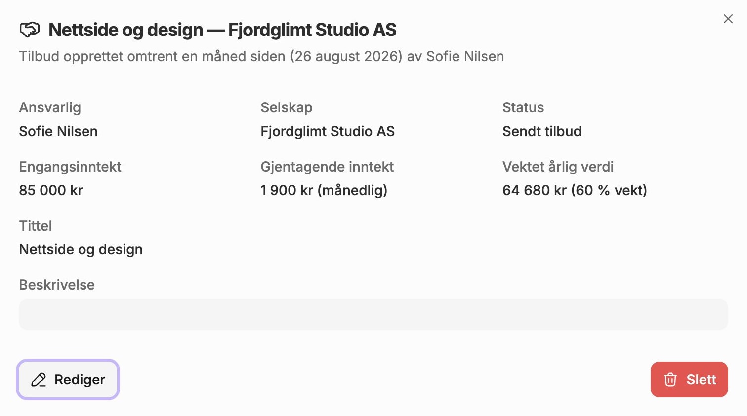 Tilbudsvinduet i Aventra med ansvarlig, status, inntekter og vekt.