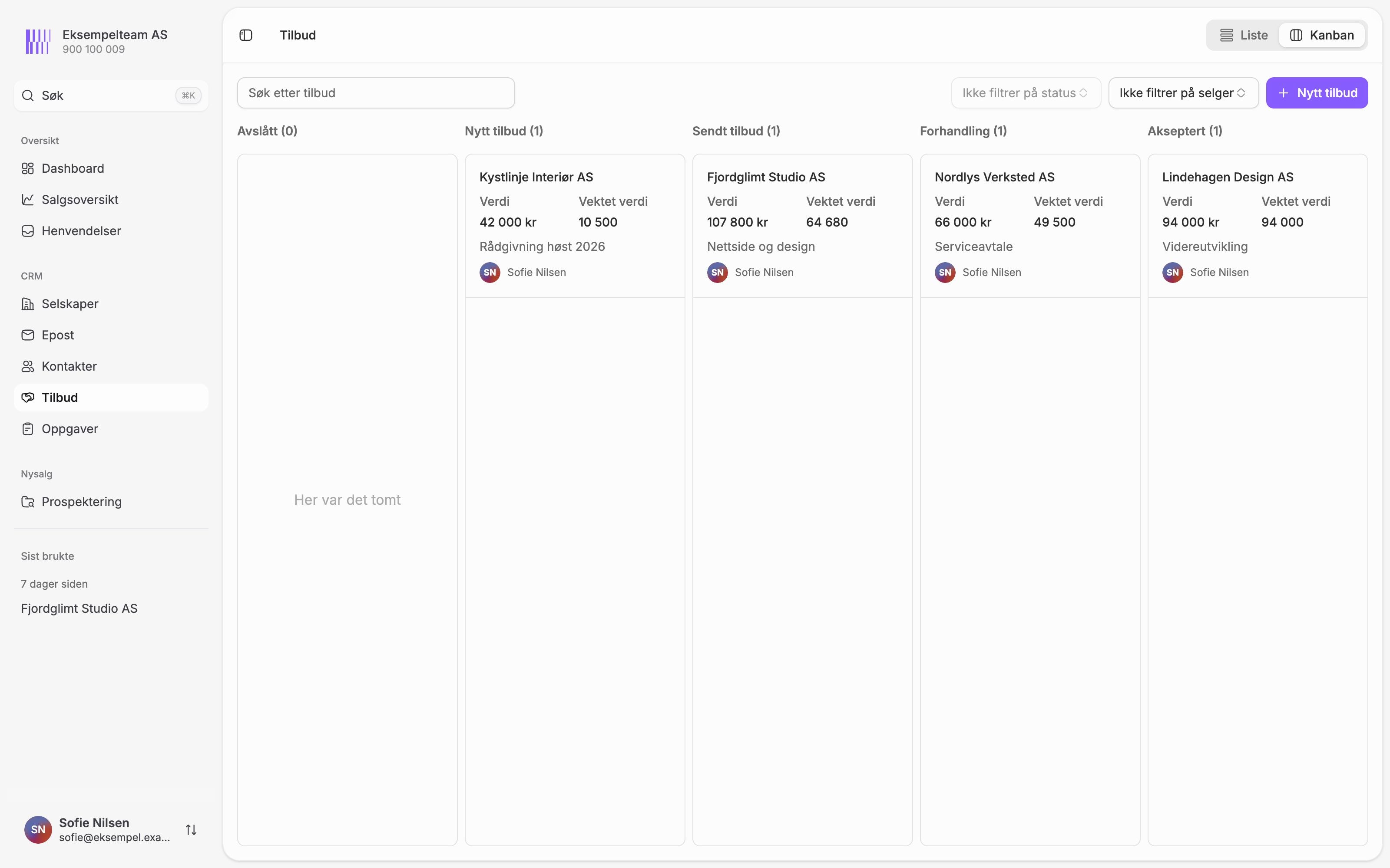 Aventras Kanban-visning for tilbud med statusene Avslått, Nytt tilbud, Sendt tilbud, Forhandling og Akseptert.