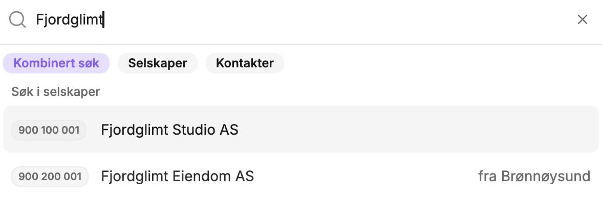 Søk i Aventra med Kombinert søk, Selskaper og Kontakter, og treff fra både CRM-et og Brønnøysund.
