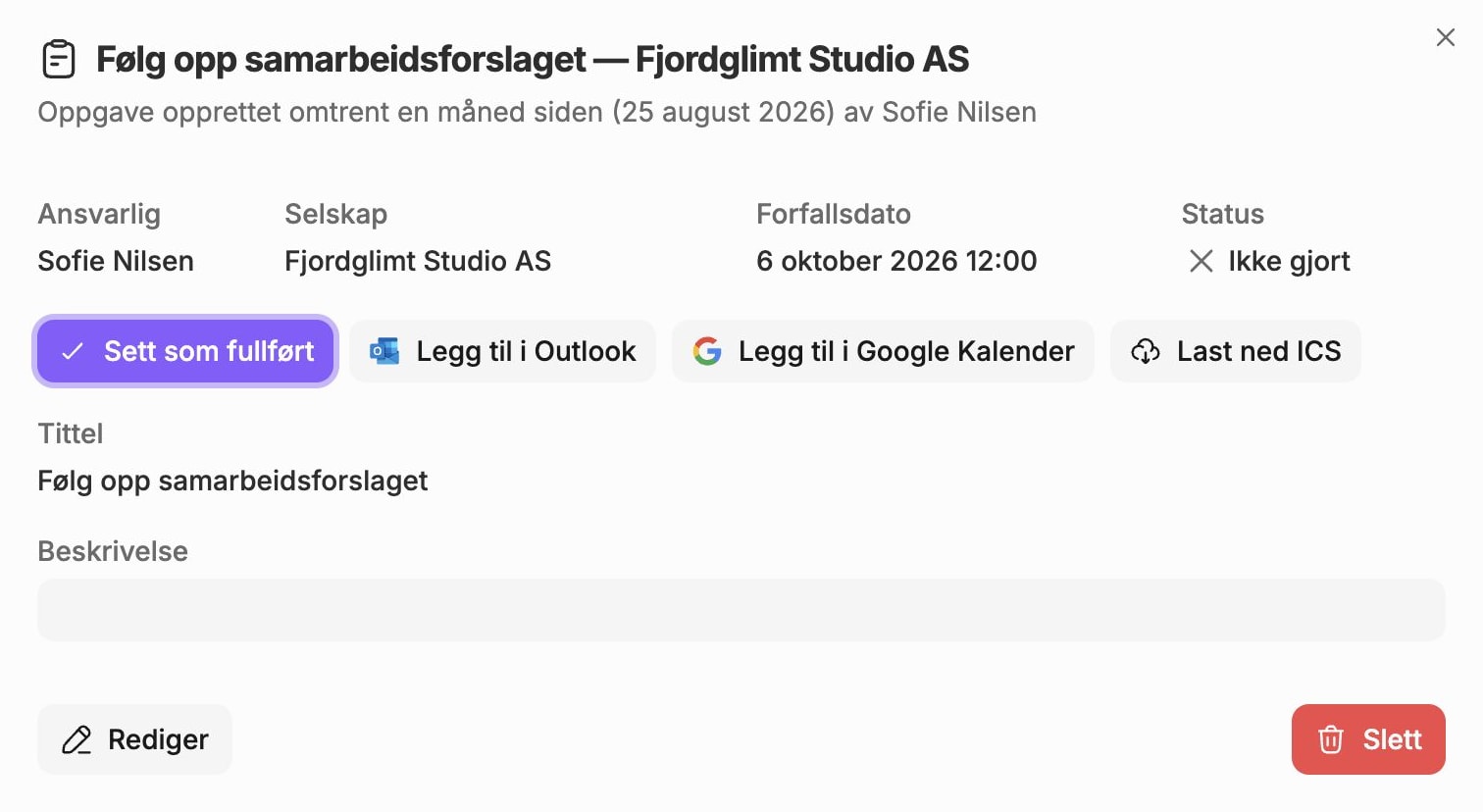Oppgavevinduet med forfallsdato og klokkeslett, samt knappen Legg til i Outlook.