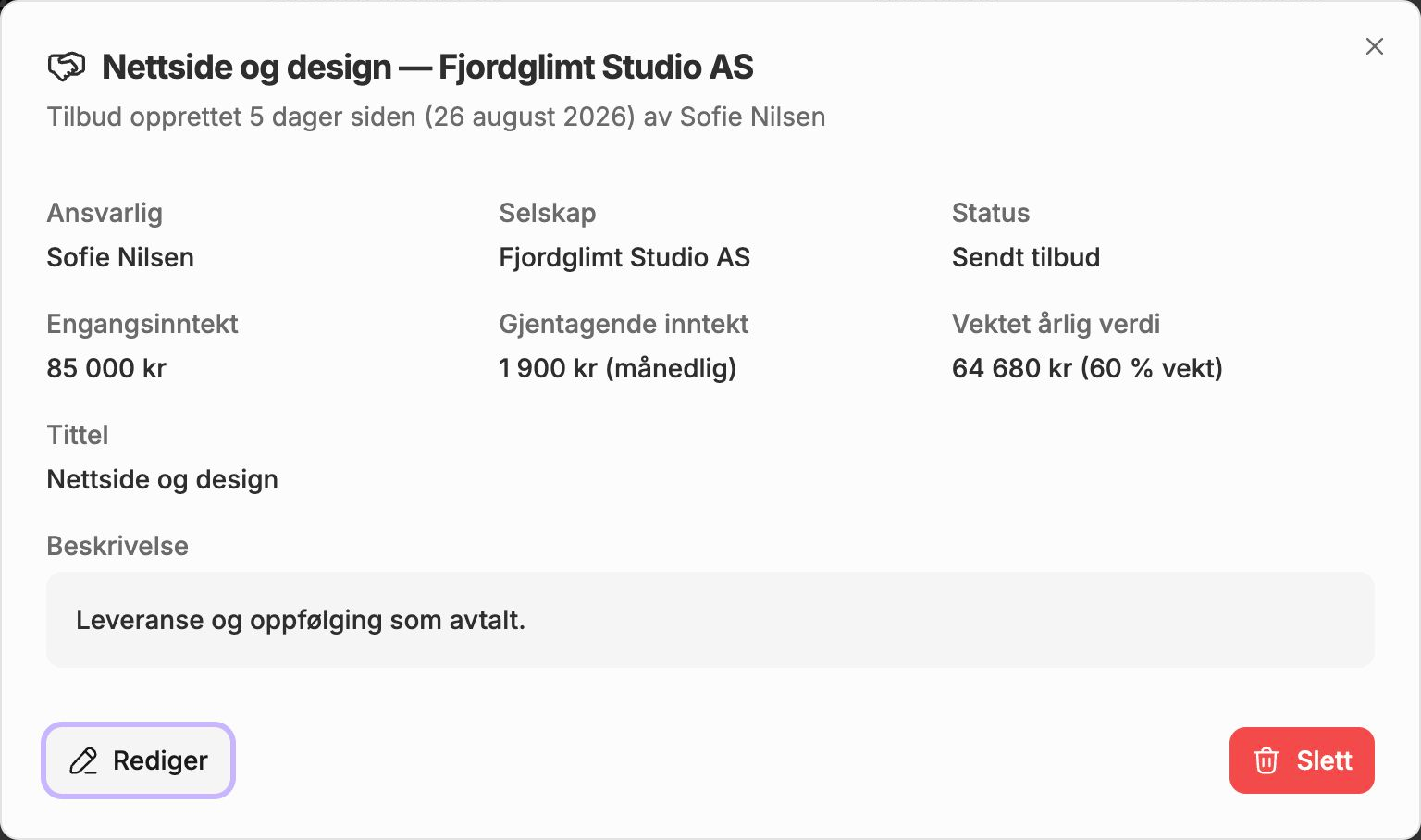 Et tilbud i Aventra med engangsinntekt på 85 000 kroner, 1 900 kroner månedlig og 60 prosent vekt.